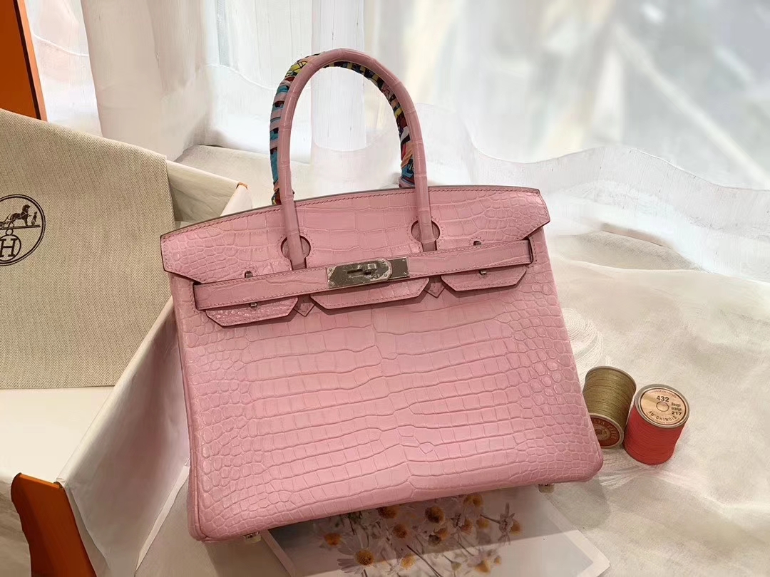  HERMES birkin 30 matte雾面 nilo crocodile尼罗鳄两点 5P樱花粉 银扣 顶级老工匠纯手缝缝制 粉嫩小仙女