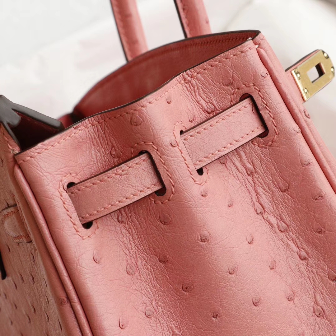 爱马仕 3Q奶昔粉 Birkin25CM 铂金包 南非KK鸵鸟皮 老师傅全手缝 金扣