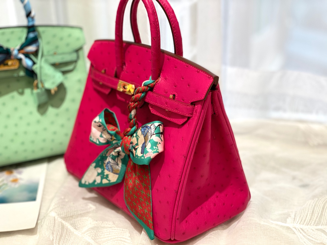 HERME 25birkin 小可爱 进口南非kk鸵鸟皮 玫红 金扣 顶级蜡线纯手缝