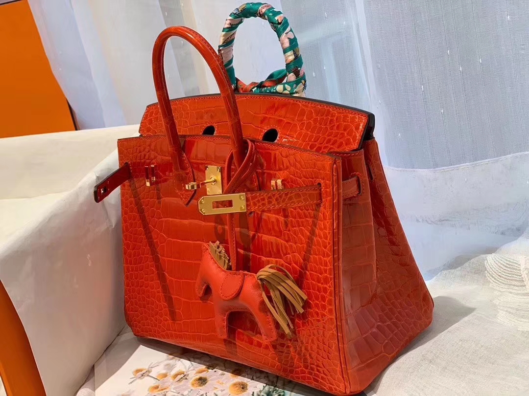 爱马仕 D5天竺葵红Geranium Alligateor 方块 美洲鳄 金扣 birkin 25