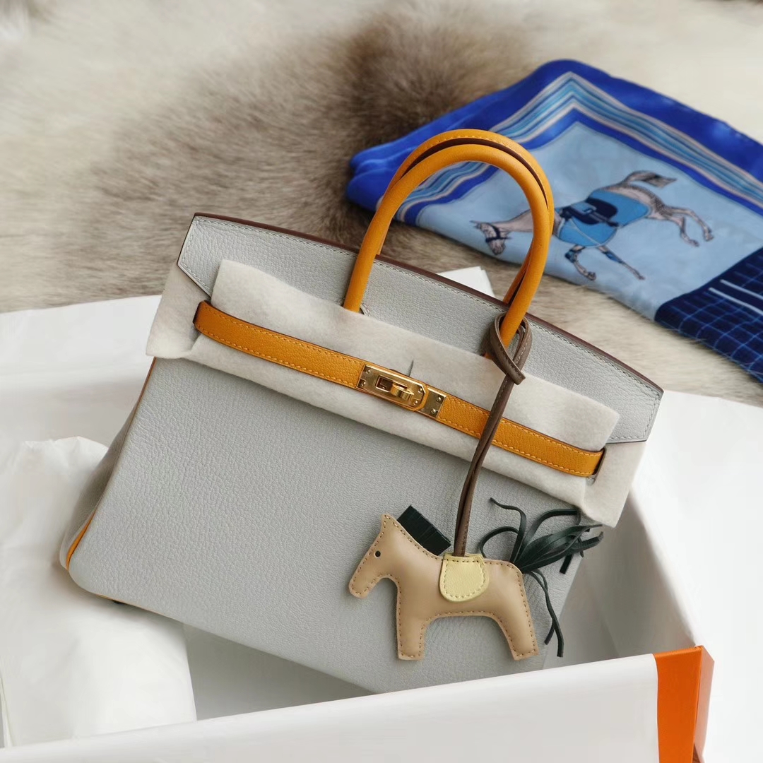 最佳搭配！CC80珍珠灰拼9j太阳黄 金扣 birkin25CM 原厂专柜山羊皮 cherve 皮 铂金包 纯手缝蜡线缝制工艺