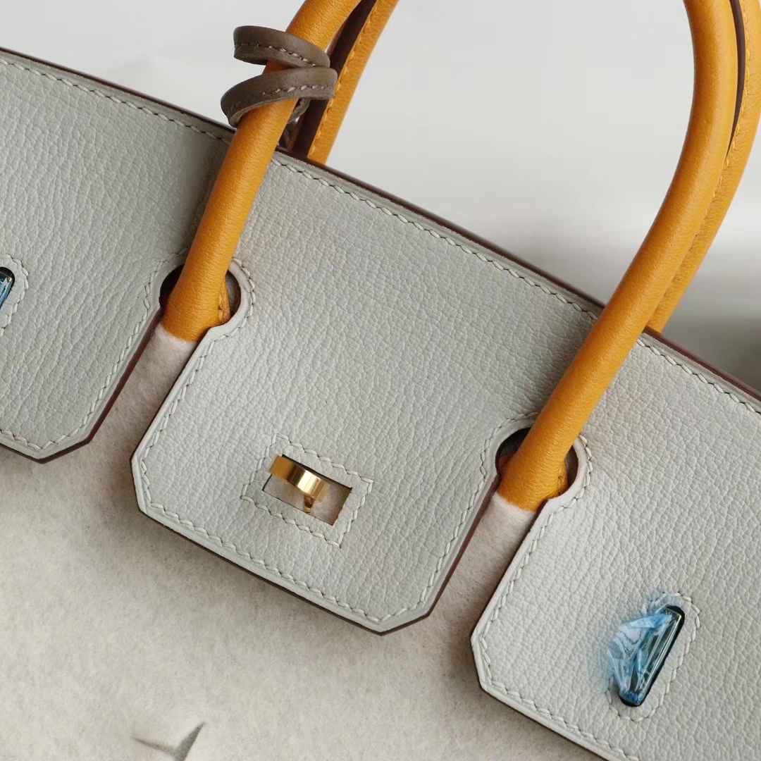 最佳搭配！CC80珍珠灰拼9j太阳黄 金扣 birkin25CM 原厂专柜山羊皮 cherve 皮 铂金包 纯手缝蜡线缝制工艺