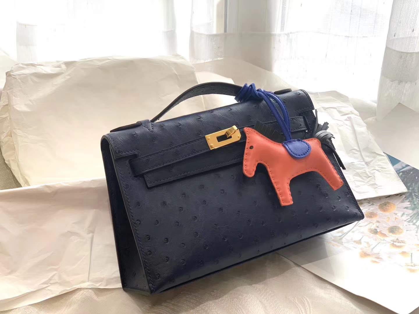 HERMES 73宝石蓝金扣 鸵鸟皮 22 Kelly pochette一代 手包晚宴包/配上猪鼻子链可当小挎包