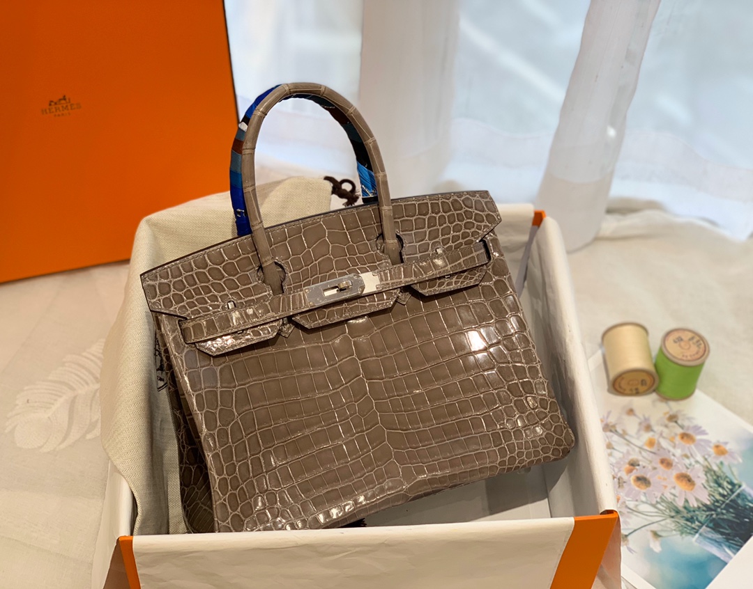 HERMES birkin 30 尼罗亮光 ck18 大象灰 银扣 顶级老工匠纯手工缝制