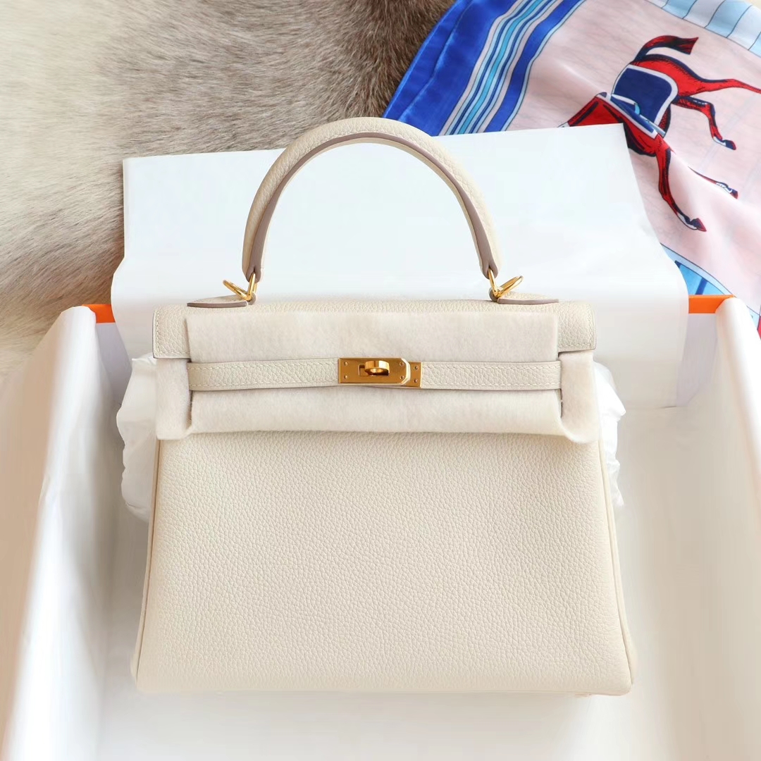 爱马仕 CC10奶昔白 内缝 金扣 Kelly25CM 原厂Togo皮 凯丽凯莉包 纯手缝蜡线缝制工艺
