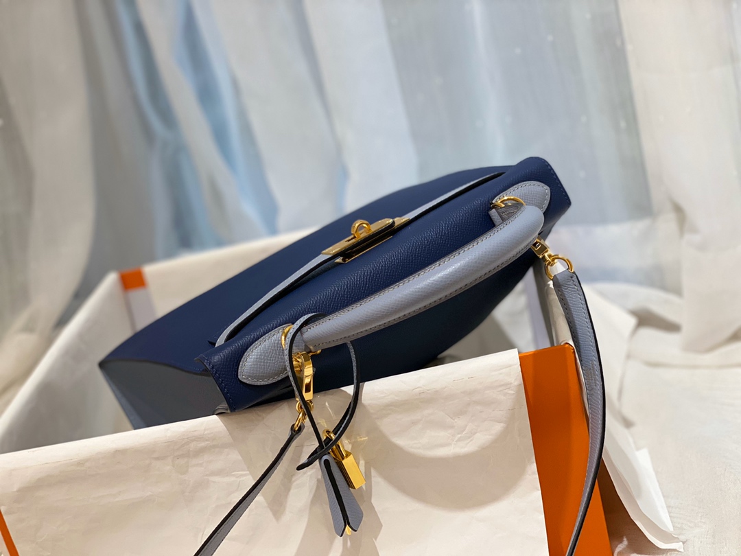HERMES 28 Kelly epsom 皮 73宝石蓝拼J7亚麻蓝 金扣 喜欢的可以订制