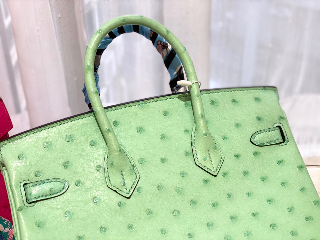 HERMES 25birkin 小可爱 进口南非kk鸵鸟皮 冰淇淋绿 金扣 顶级蜡线纯手缝