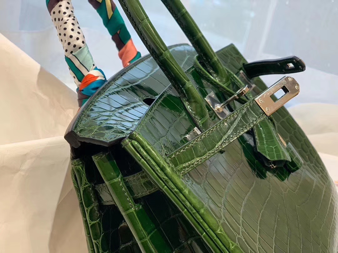HERMES 67祖母绿Vert Fonce nilo两点 尼罗鳄 银扣 birkin 25