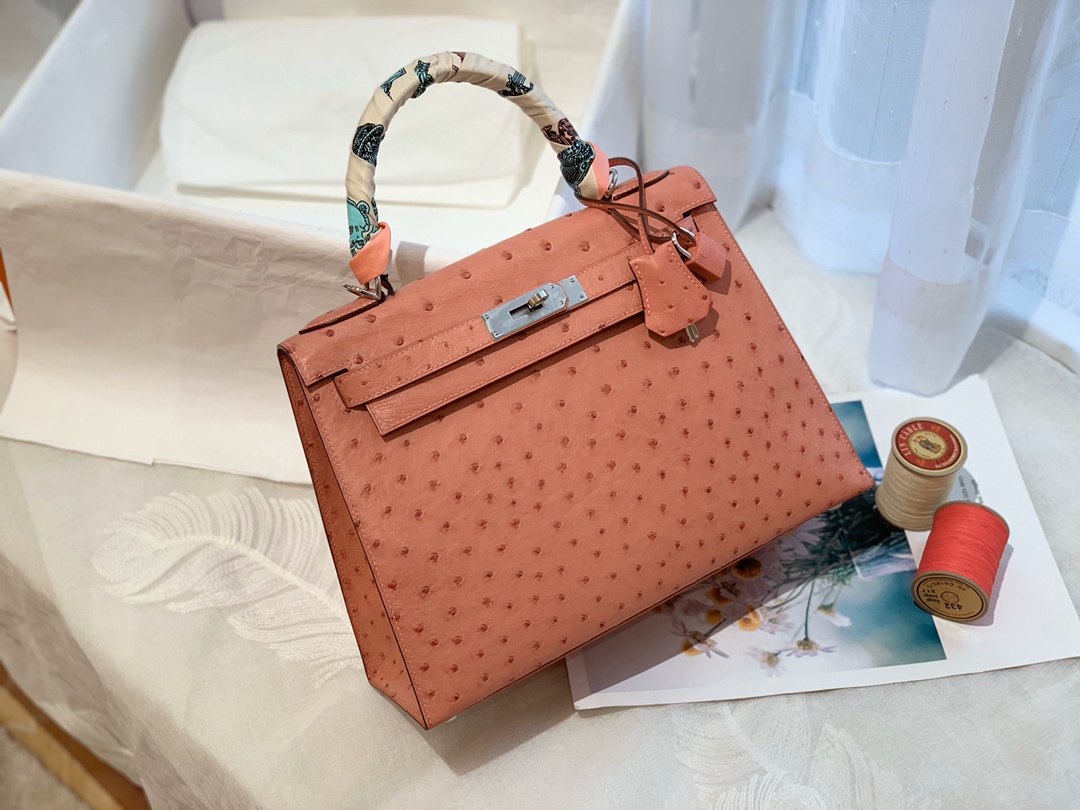 HERMES kelly 28 cc94 陶瓷粉 原厂南非KK Ostrich 鸵鸟皮 蜡线 顶级纯手缝  粉嫩粉嫩滴颜色爱啦
