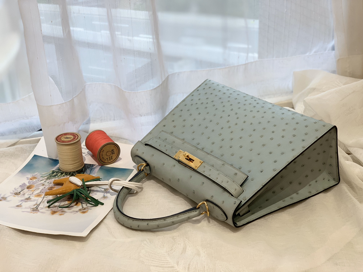 HERMES kelly 28 J7亚麻蓝 金扣 原厂南非KK Ostrich 鸵鸟皮 蜡线 顶级纯手缝  清新淡雅蓝
