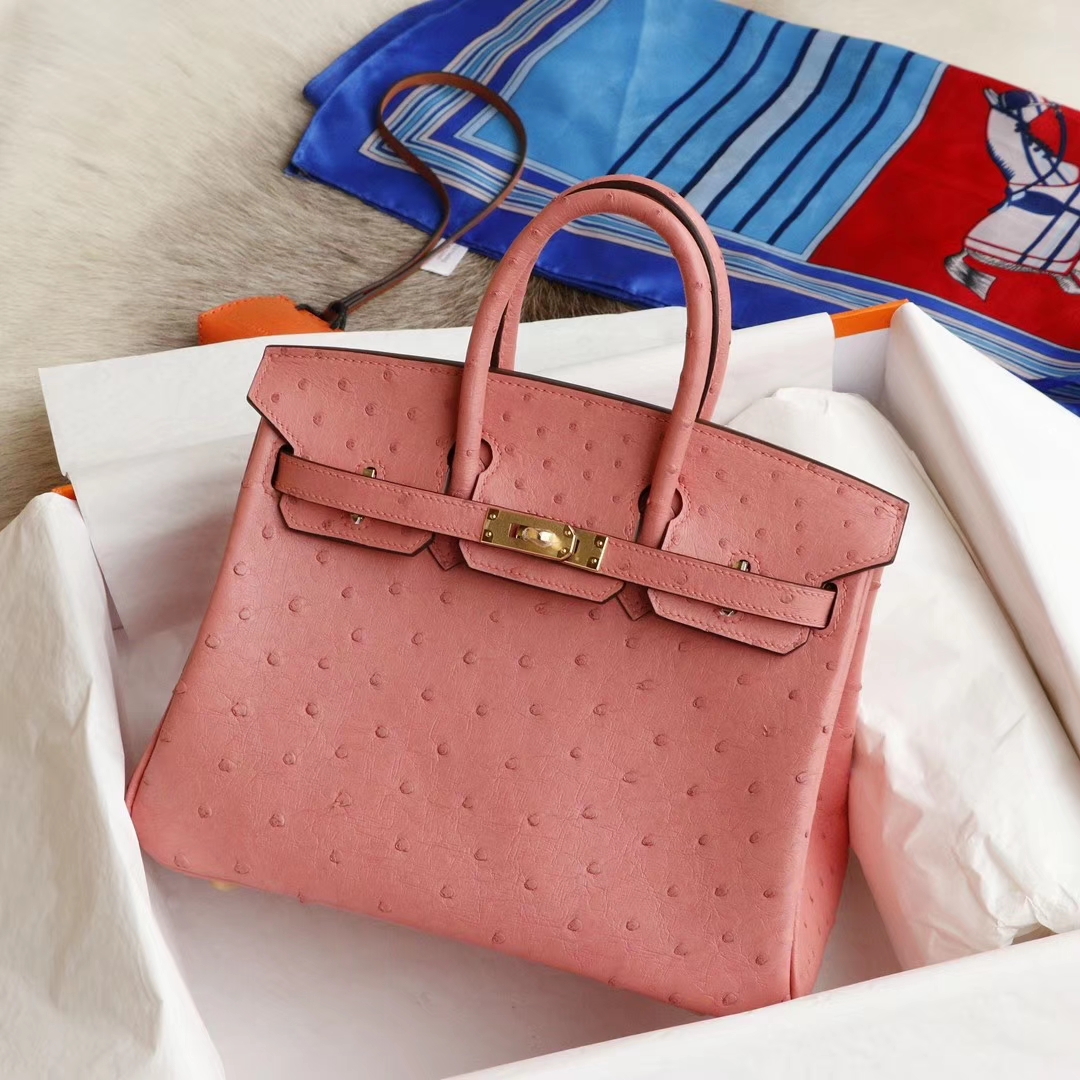爱马仕 3Q奶昔粉 Birkin25CM 铂金包 南非KK鸵鸟皮 老师傅全手缝 金扣