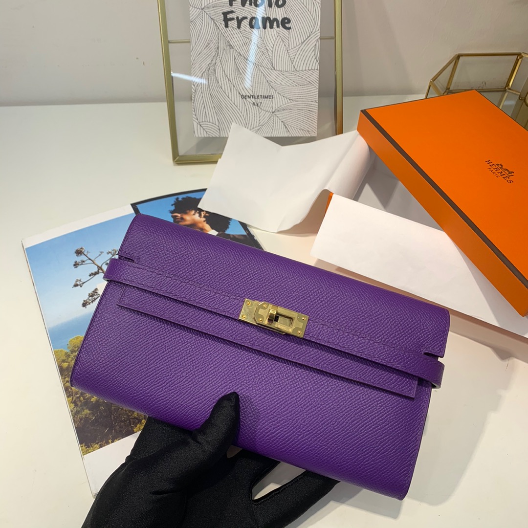 HERMES epsom 皮 9W 梦幻紫 金扣 Kelly经典钱包 搭配猪鼻子长项链 秒变小斜挎包