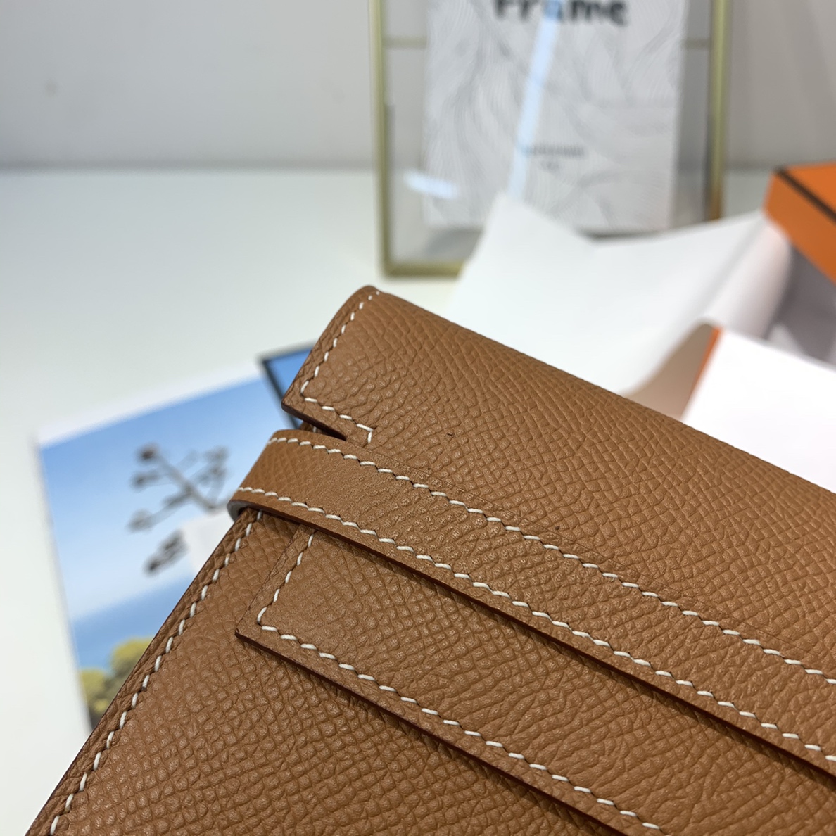 HERMES epsom 皮 CK 37 金棕 银扣 Kelly经典钱包 搭配猪鼻子长项链 小斜挎包