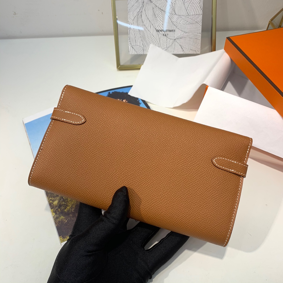 HERMES epsom 皮 CK 37 金棕 银扣 Kelly经典钱包 搭配猪鼻子长项链 小斜挎包