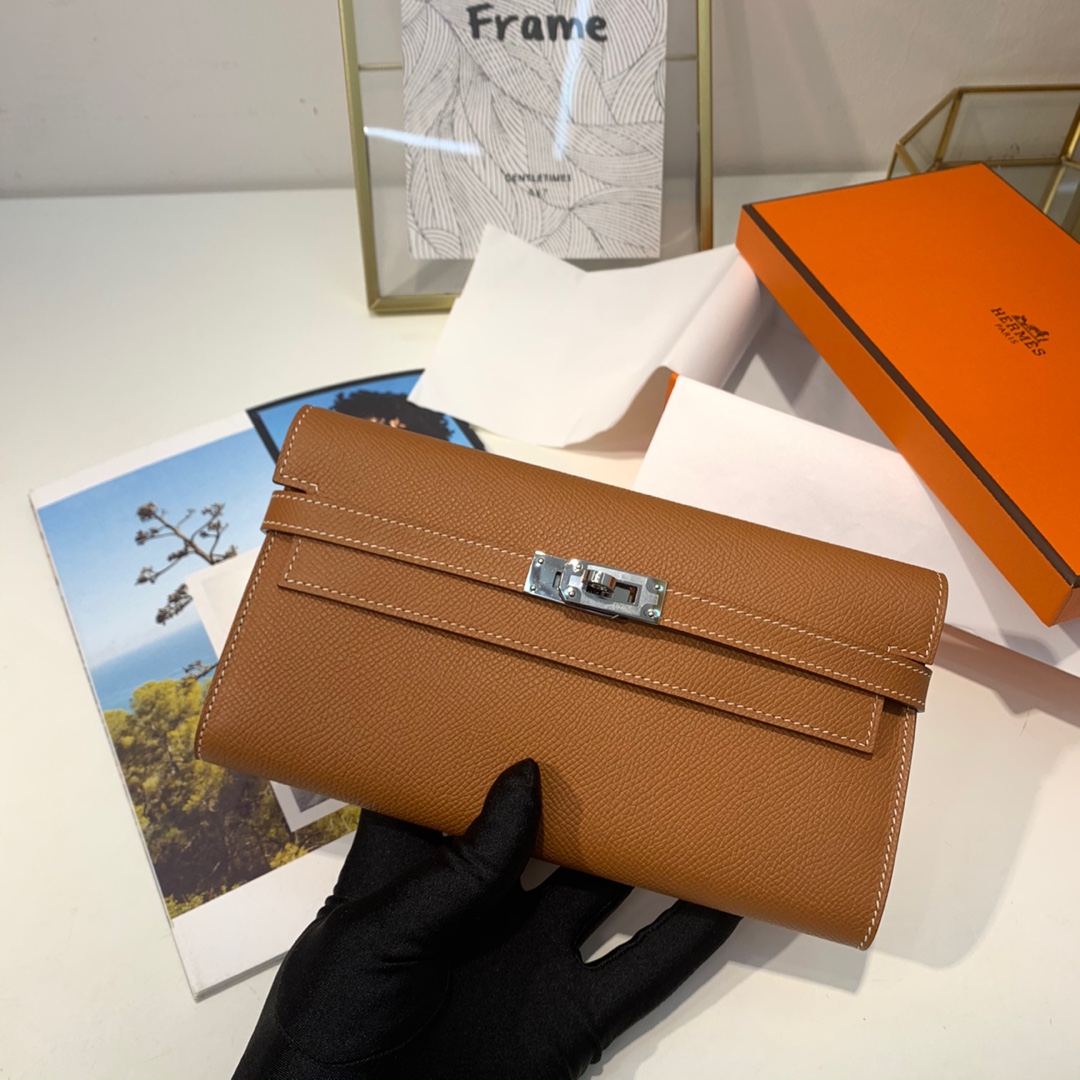 HERMES epsom 皮 CK 37 金棕 银扣 Kelly经典钱包 搭配猪鼻子长项链 小斜挎包