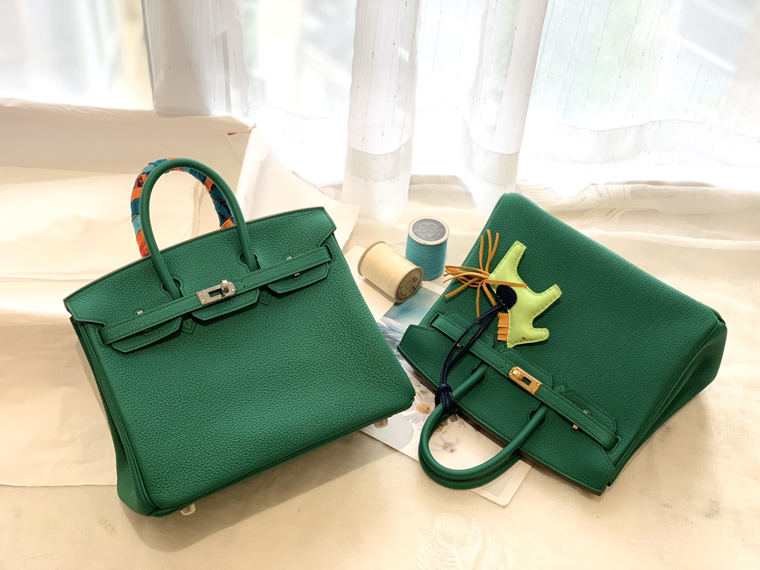 爱马仕女包渠道货 25birkin 小牛togo皮 U4 丝绒绿 金银扣