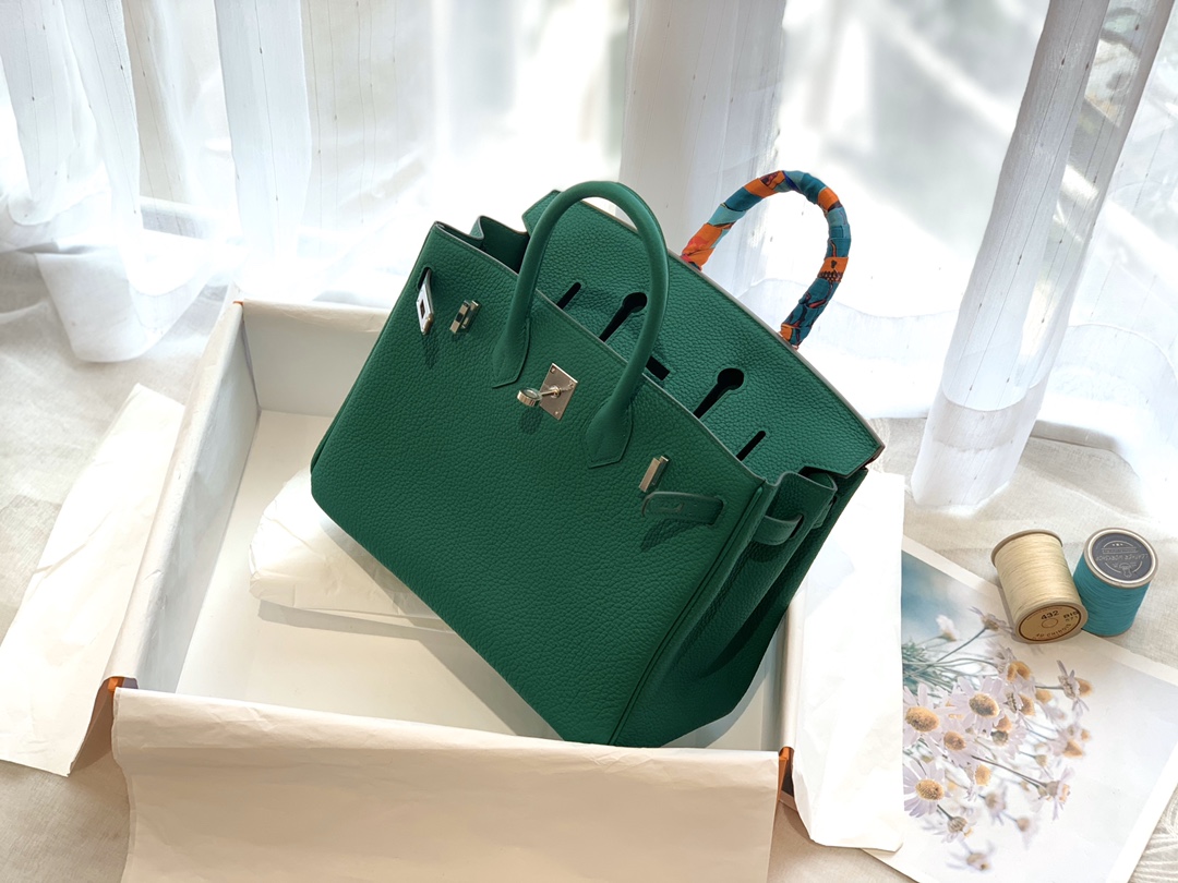 爱马仕女包渠道货 25birkin 小牛togo皮 U4 丝绒绿 金银扣