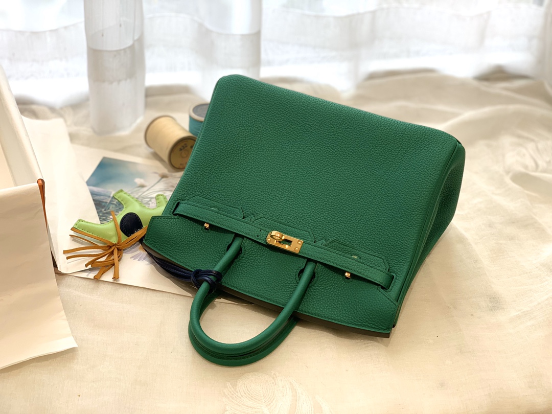 爱马仕女包渠道货 25birkin 小牛togo皮 U4 丝绒绿 金银扣
