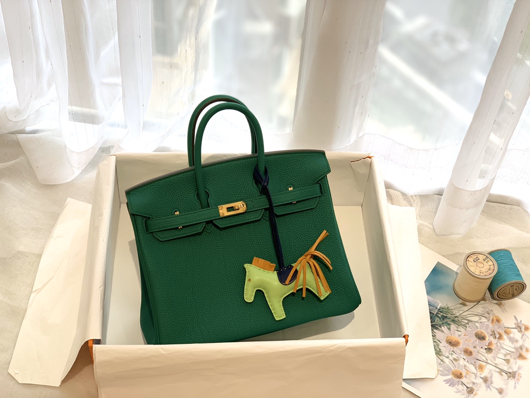 爱马仕女包渠道货 25birkin 小牛togo皮 U4 丝绒绿 金银扣