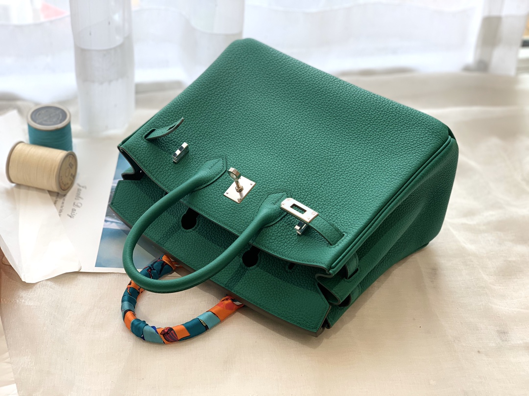 爱马仕女包渠道货 25birkin 小牛togo皮 U4 丝绒绿 金银扣