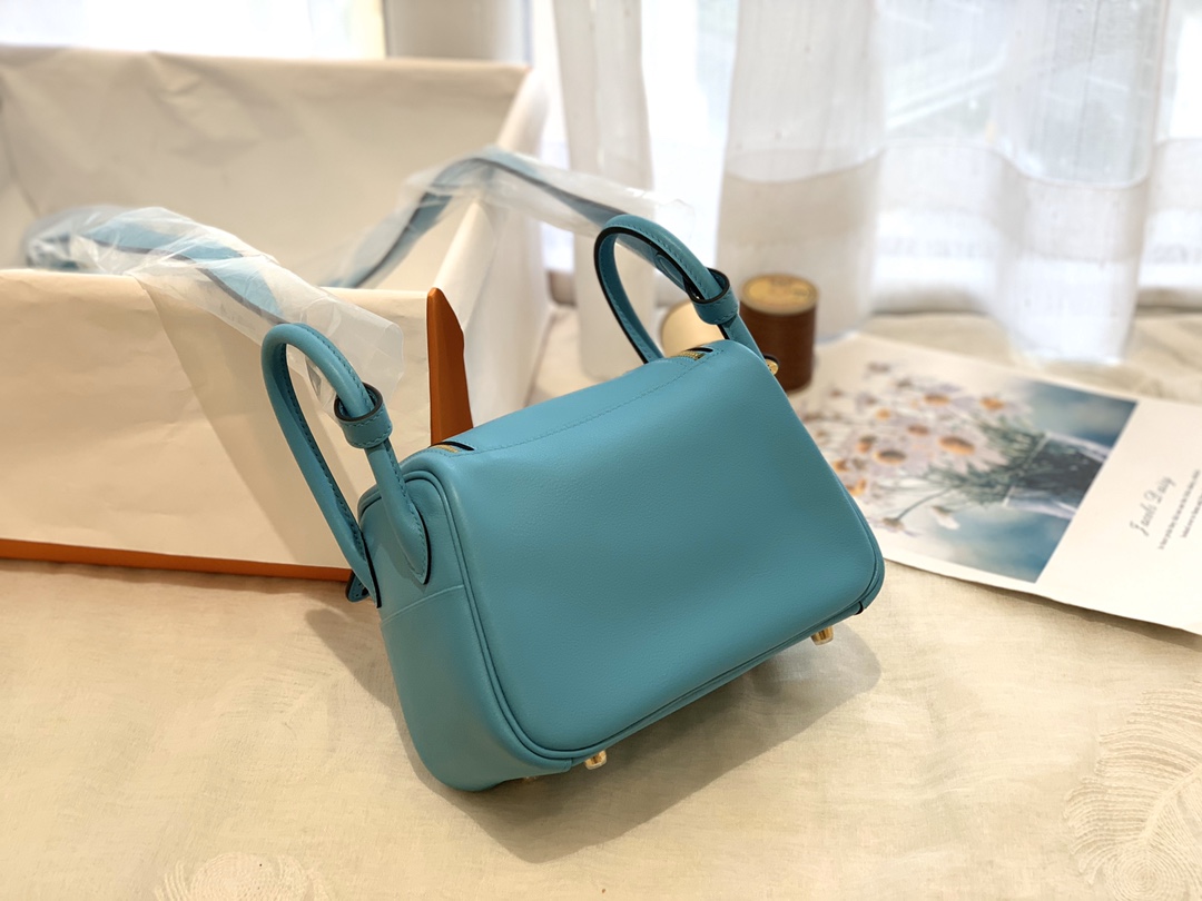 HERMES 爱马仕女包批发 Mini Lindy swift P3 北方蓝 金扣 小小包大容量