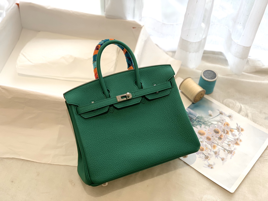 爱马仕女包渠道货 25birkin 小牛togo皮 U4 丝绒绿 金银扣