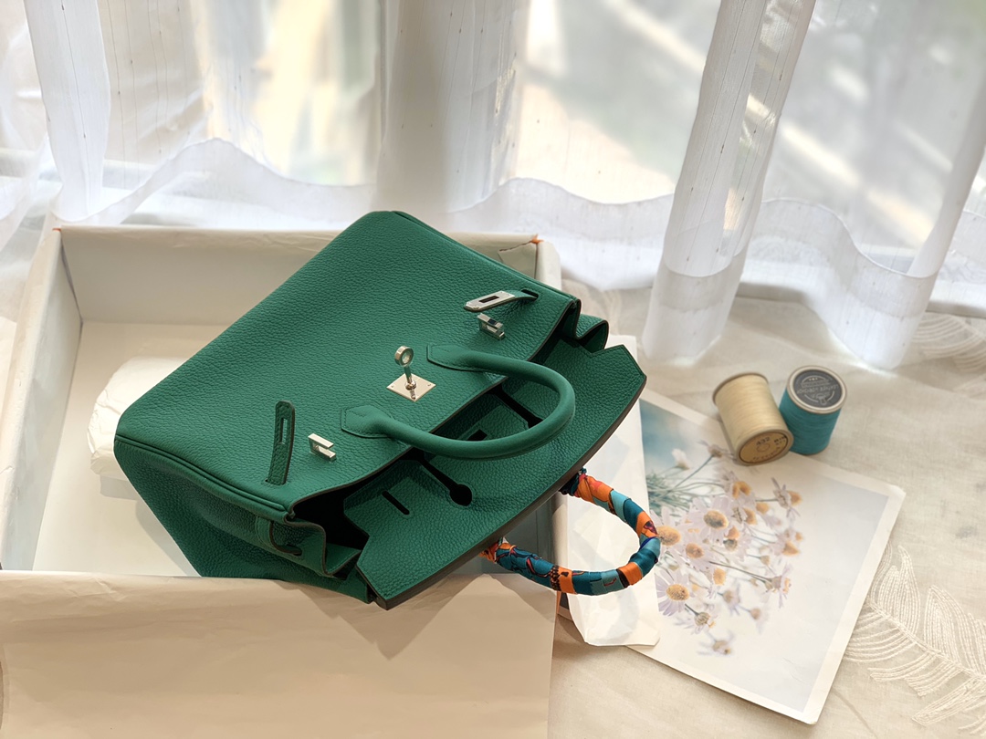 爱马仕女包渠道货 25birkin 小牛togo皮 U4 丝绒绿 金银扣