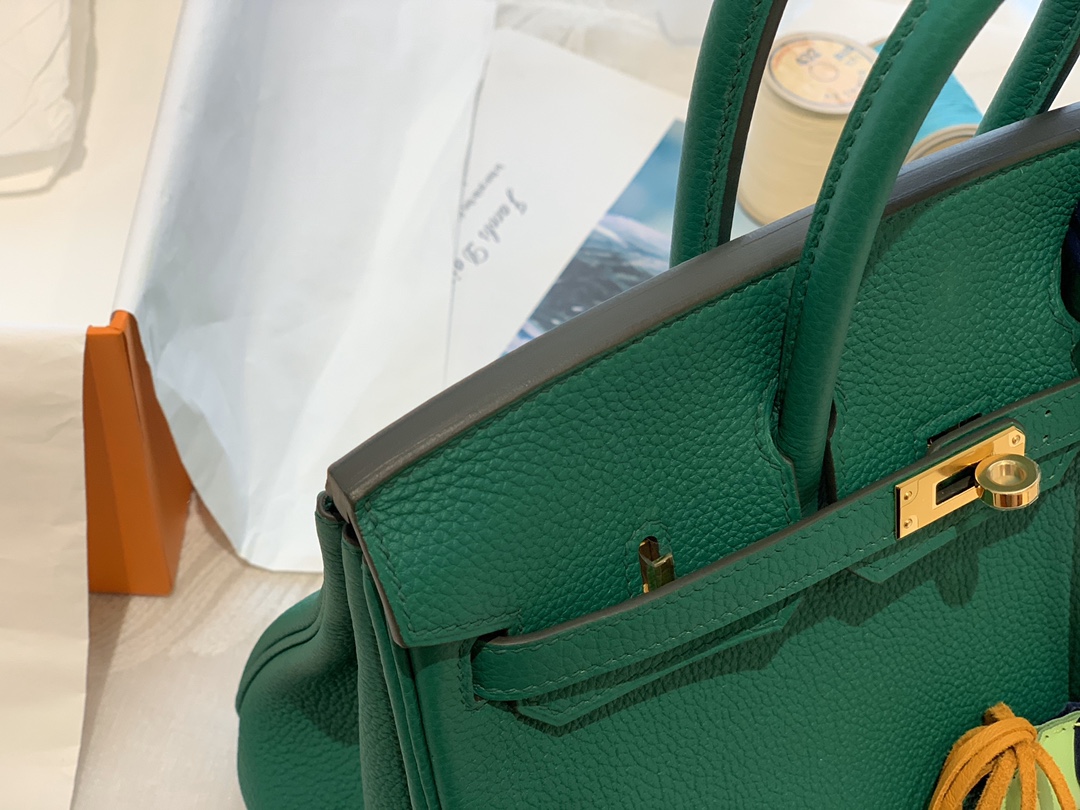 爱马仕女包渠道货 25birkin 小牛togo皮 U4 丝绒绿 金银扣