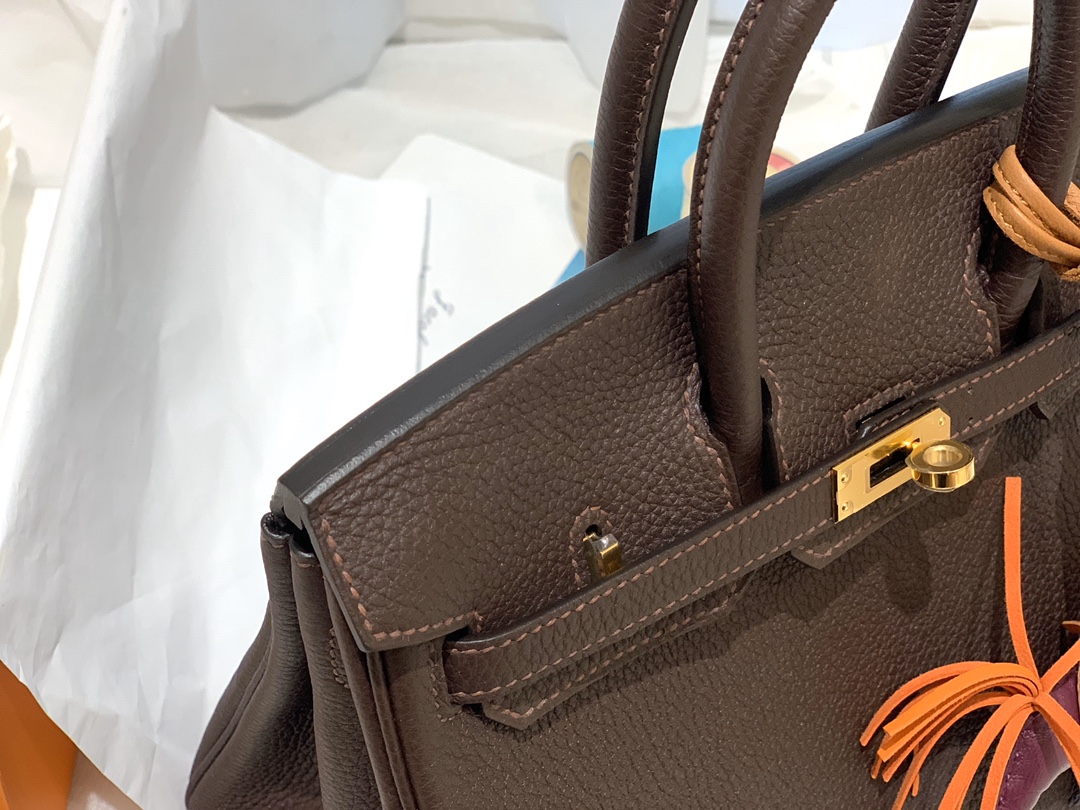 爱马仕香港官网 新到现货 25birkin 小牛togo皮 41 深啡色 金银扣