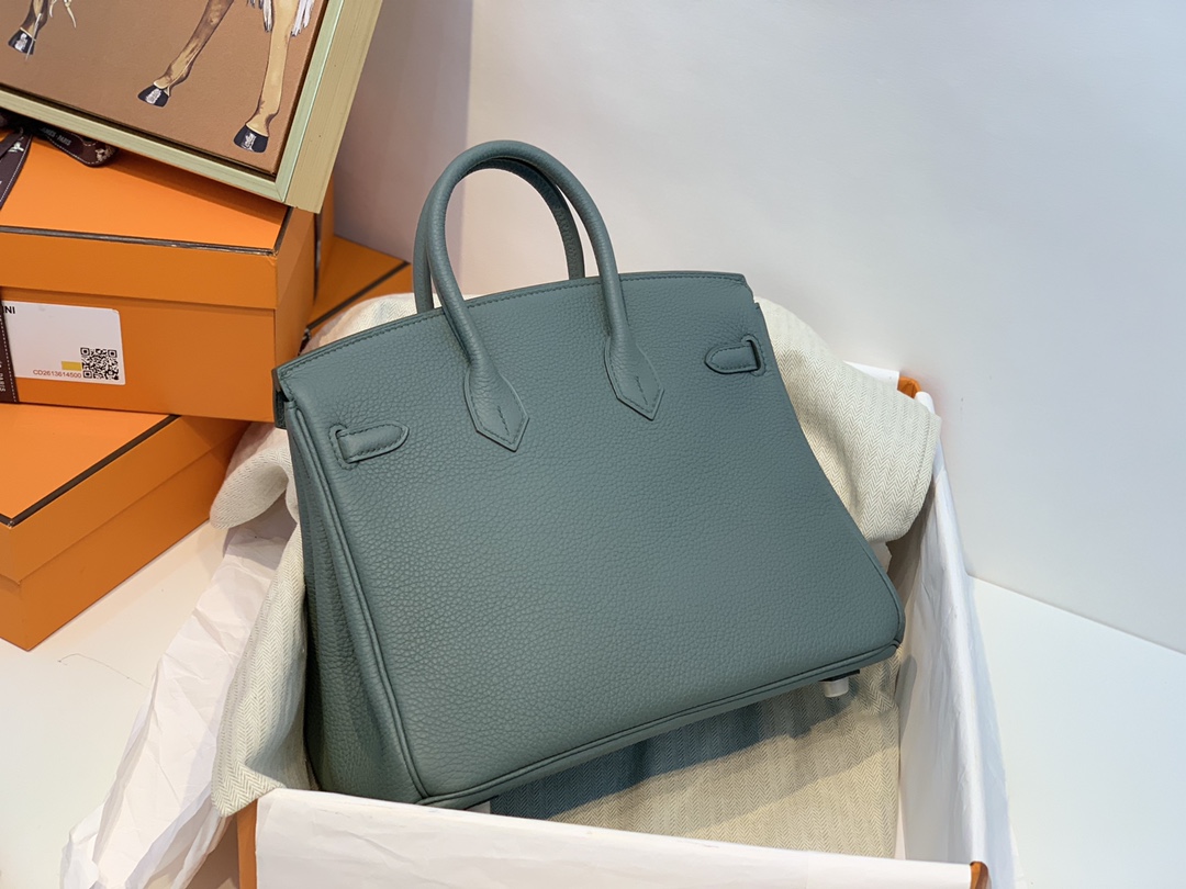 爱马仕包包官网 birkin 25cm togo进口原厂皮 63杏绿 银扣