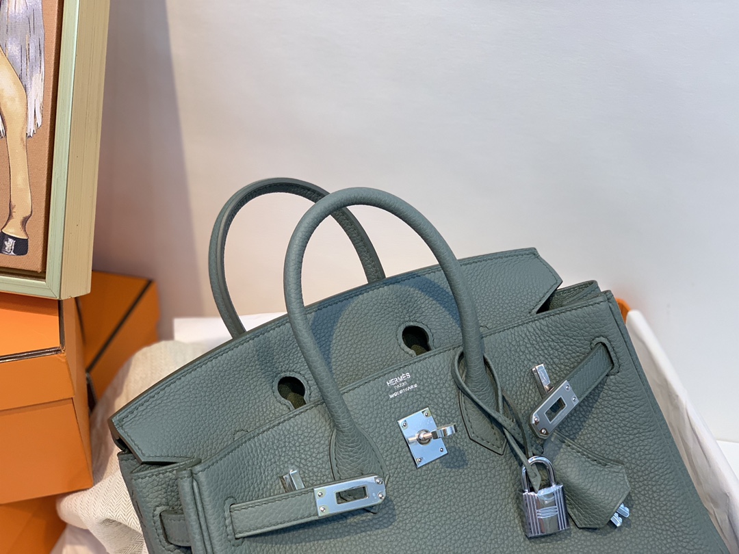 爱马仕包包官网 birkin 25cm togo进口原厂皮 63杏绿 银扣