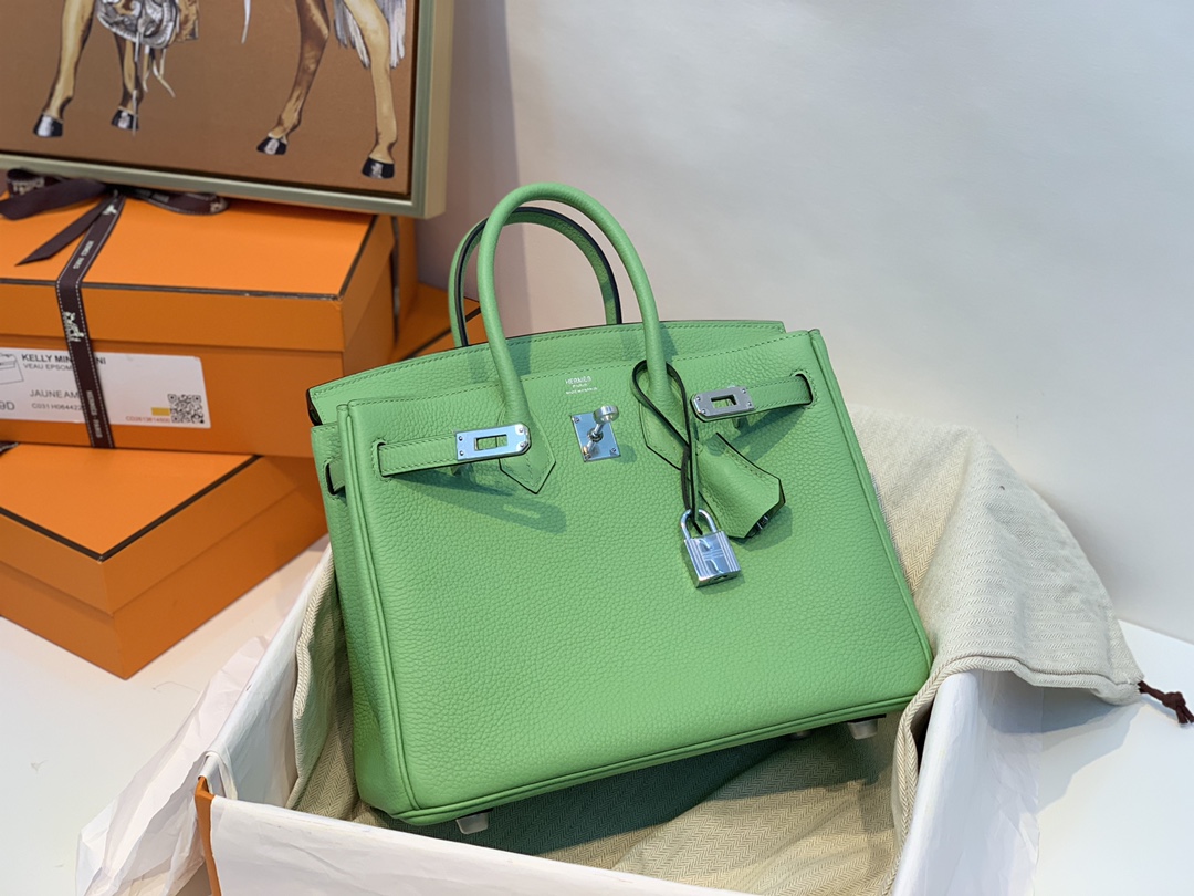 爱马仕包包官网 birkin 25cm togo进口原厂皮 i3 牛油果绿 银扣